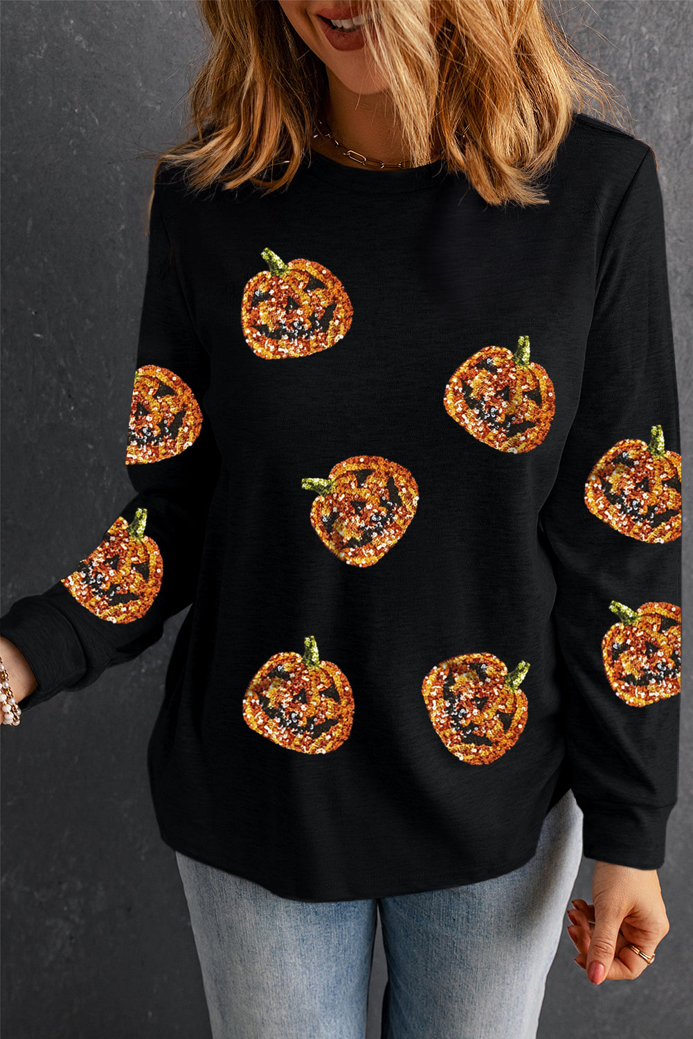 Black Halloween Sequin Pumpkin Face Graphic Top