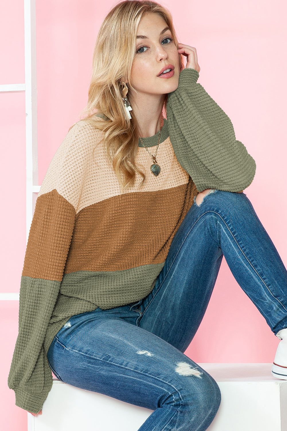 Green Waffle Knit Color Block Drop Sleeve Loose Top