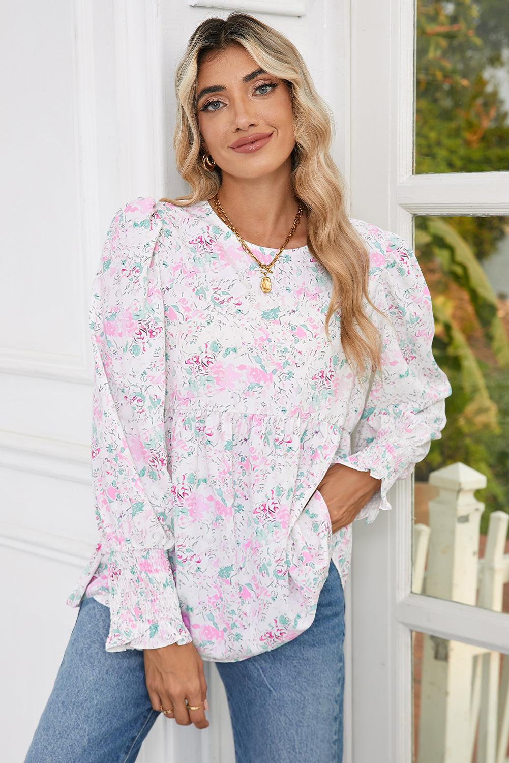 Pink Floral Print Shirred Cuffs Keyhole Back Babydoll Blouse