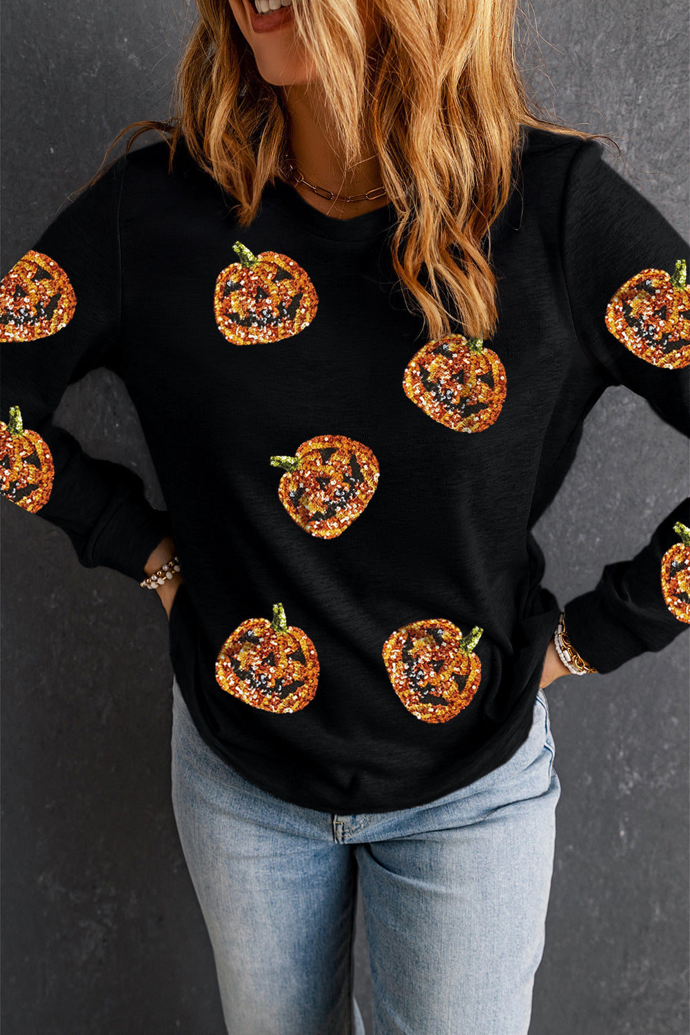 Black Halloween Sequin Pumpkin Face Graphic Top