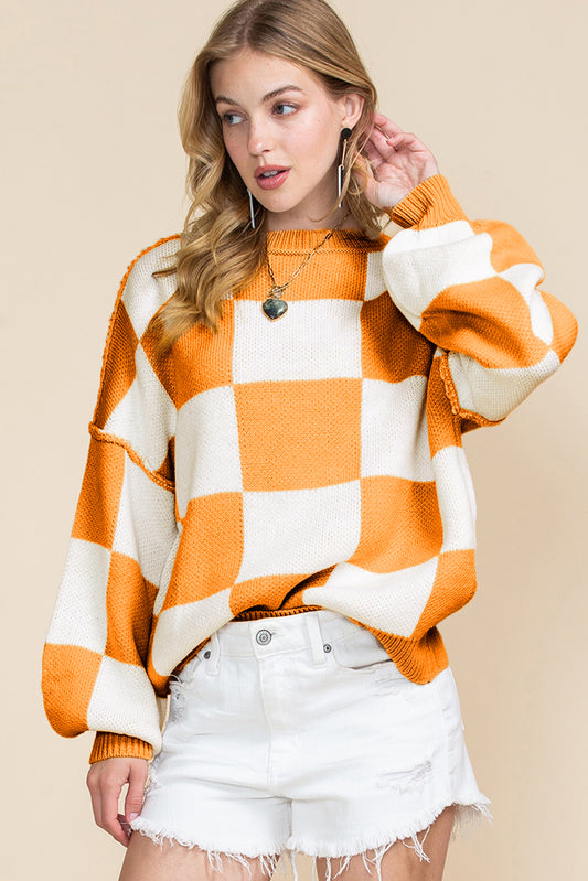 Orange & White Plaid Exposed Seam Bishop Sleeve Sweater