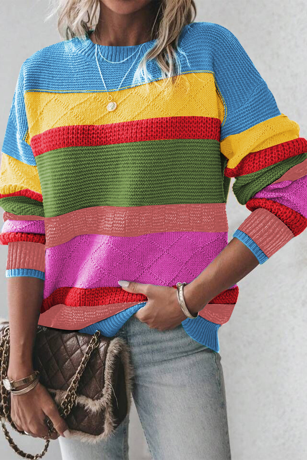 Light Blue Colorblock Drop Shoulder Crew Neck Sweater