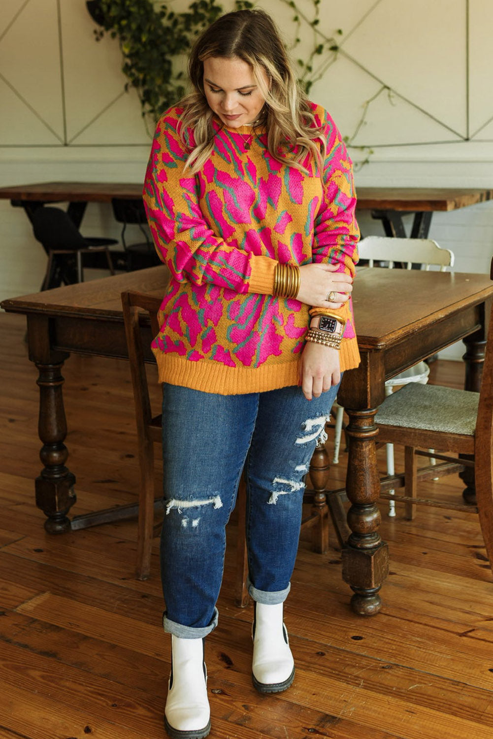 Bright Pink Plus Size Leopard Ribbed Trim Sweater