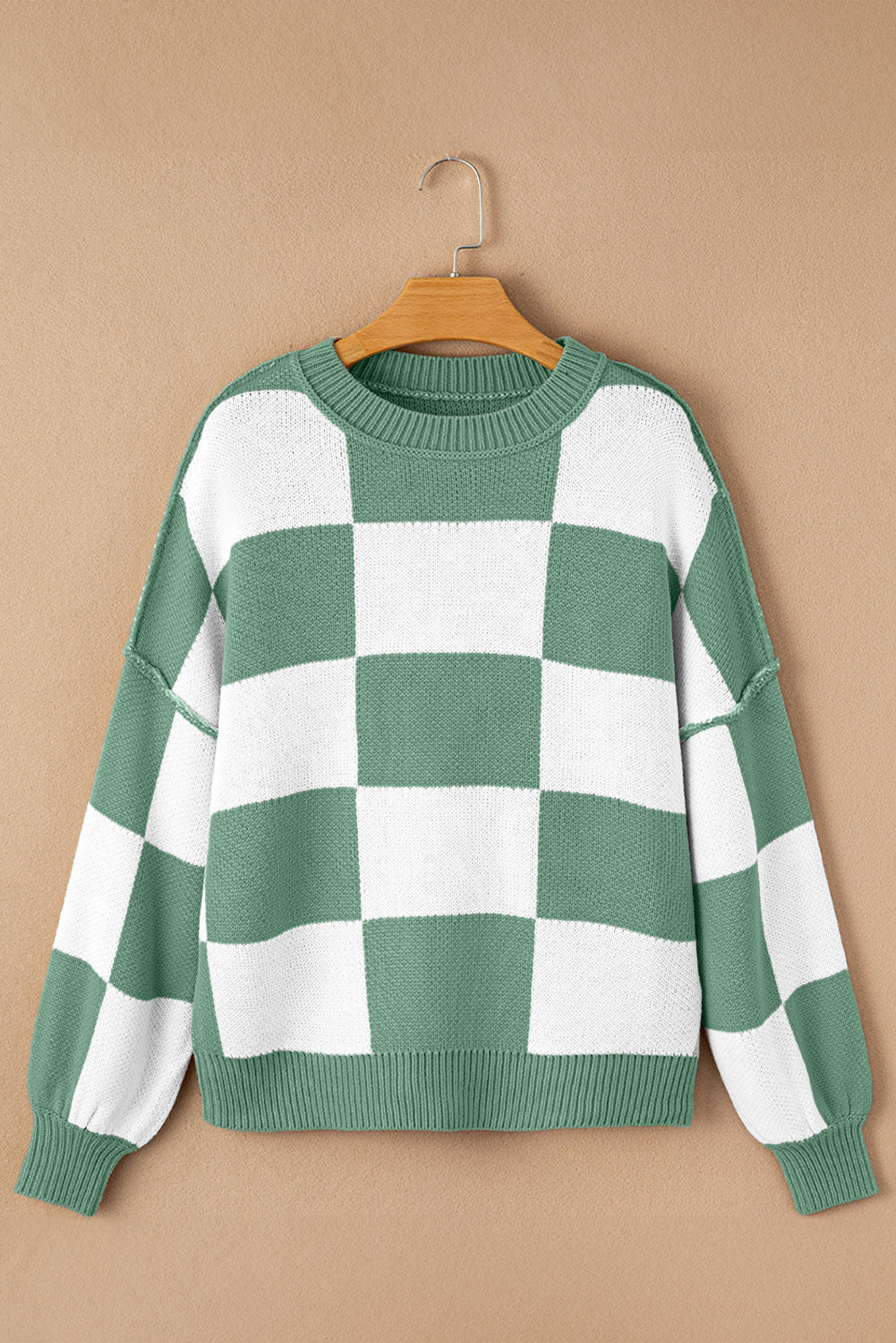 Green Checkered Bishop Sleeve Pullover Sweater