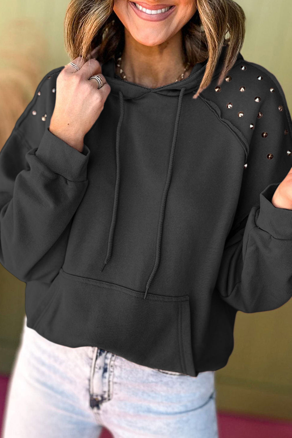 Fushia Stud Detail Kangaroo Pocket Hoodie