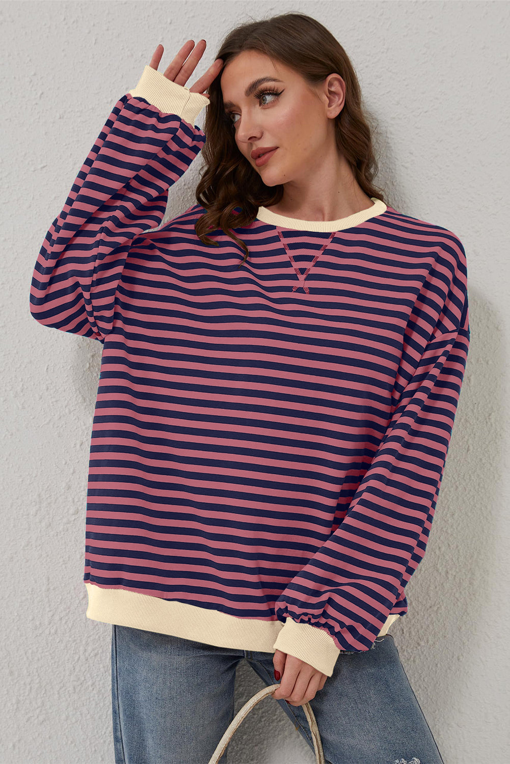 Black Stripe Contrast Edge Cross Seam Oversized Sweatshirt