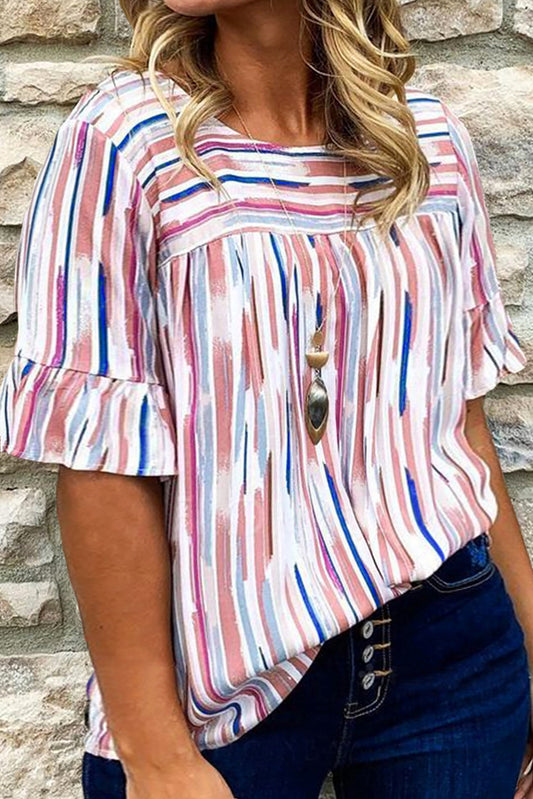 White Stripe Ruffled Short Sleeve Plus Size Blouse