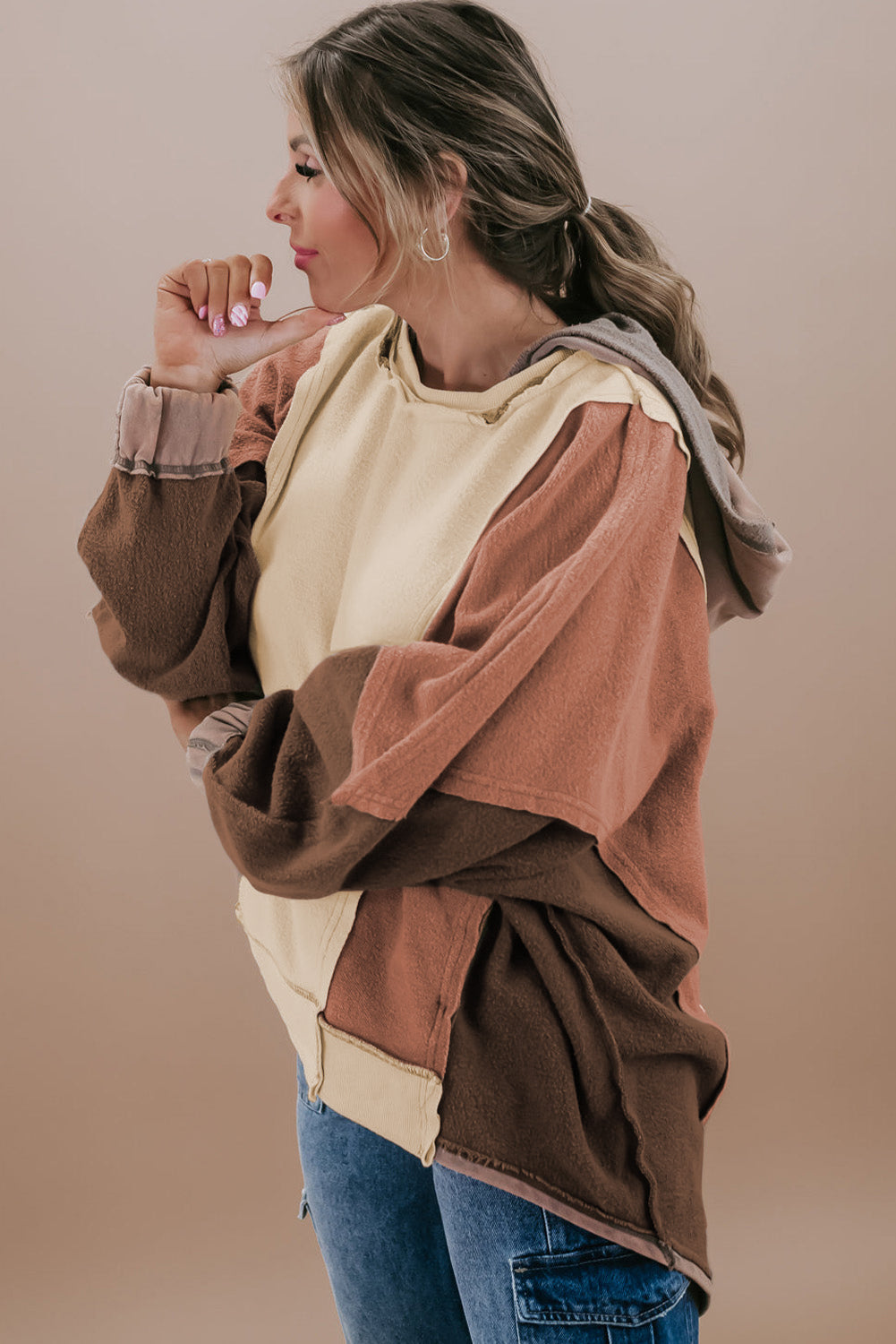 Brown Plus Size Exposed Seam Patchwork Sweatshirt