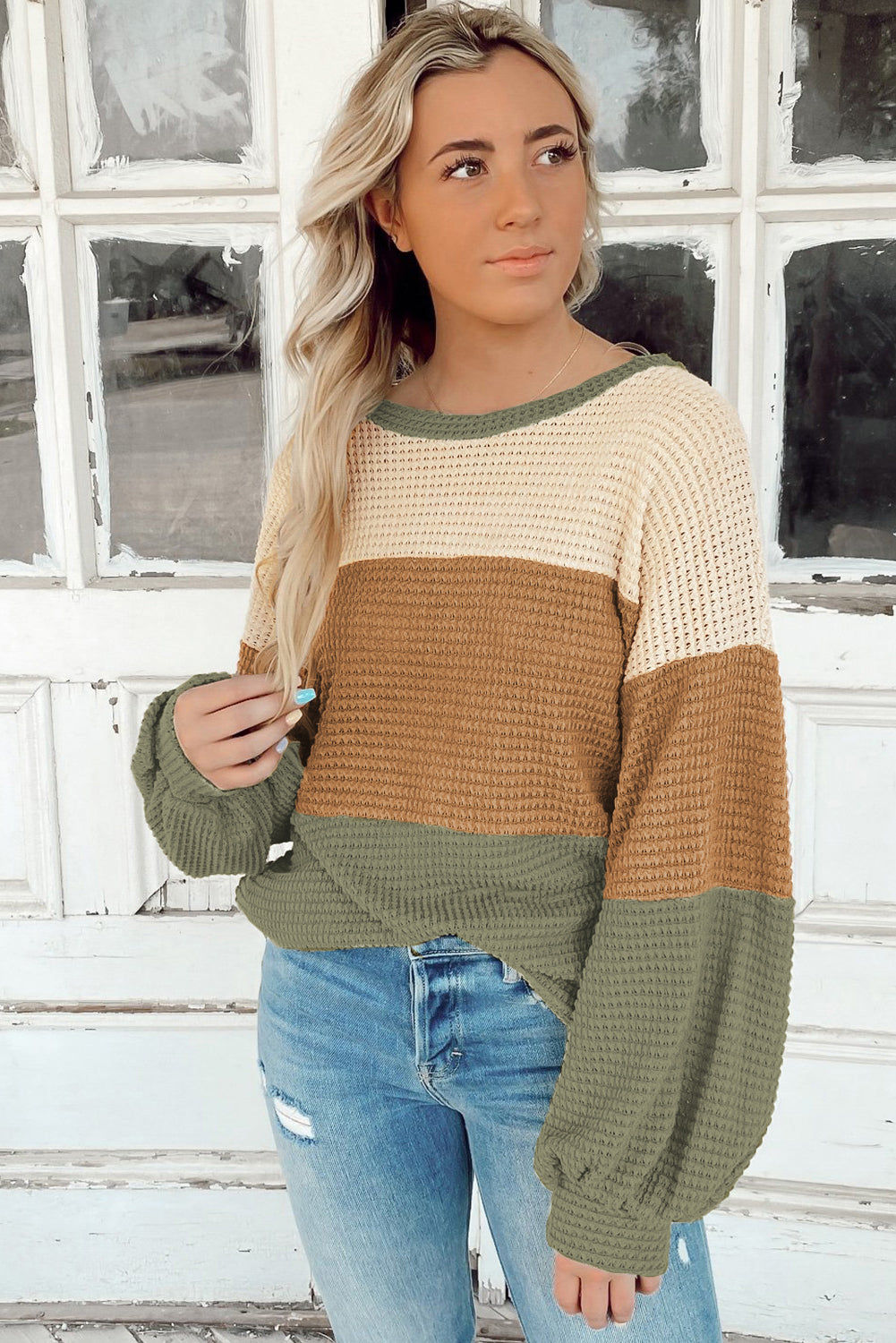 Green Waffle Knit Color Block Drop Sleeve Loose Top