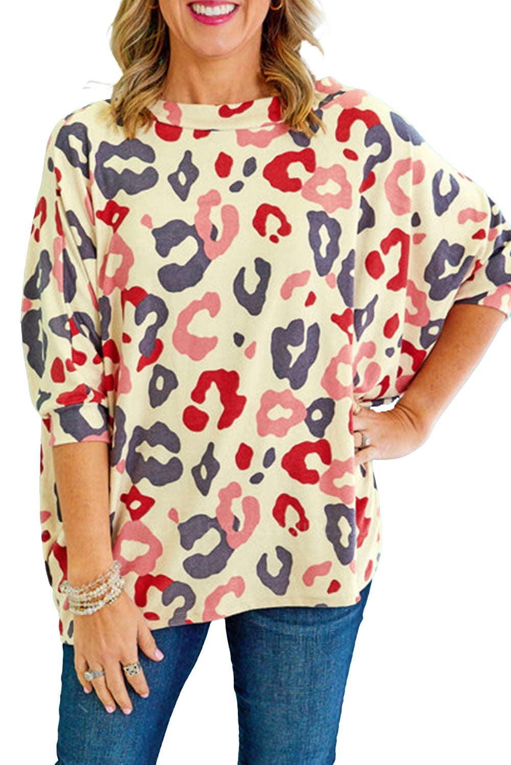 White Plus Size Colorful Leopard Print Batwing Sleeve Top