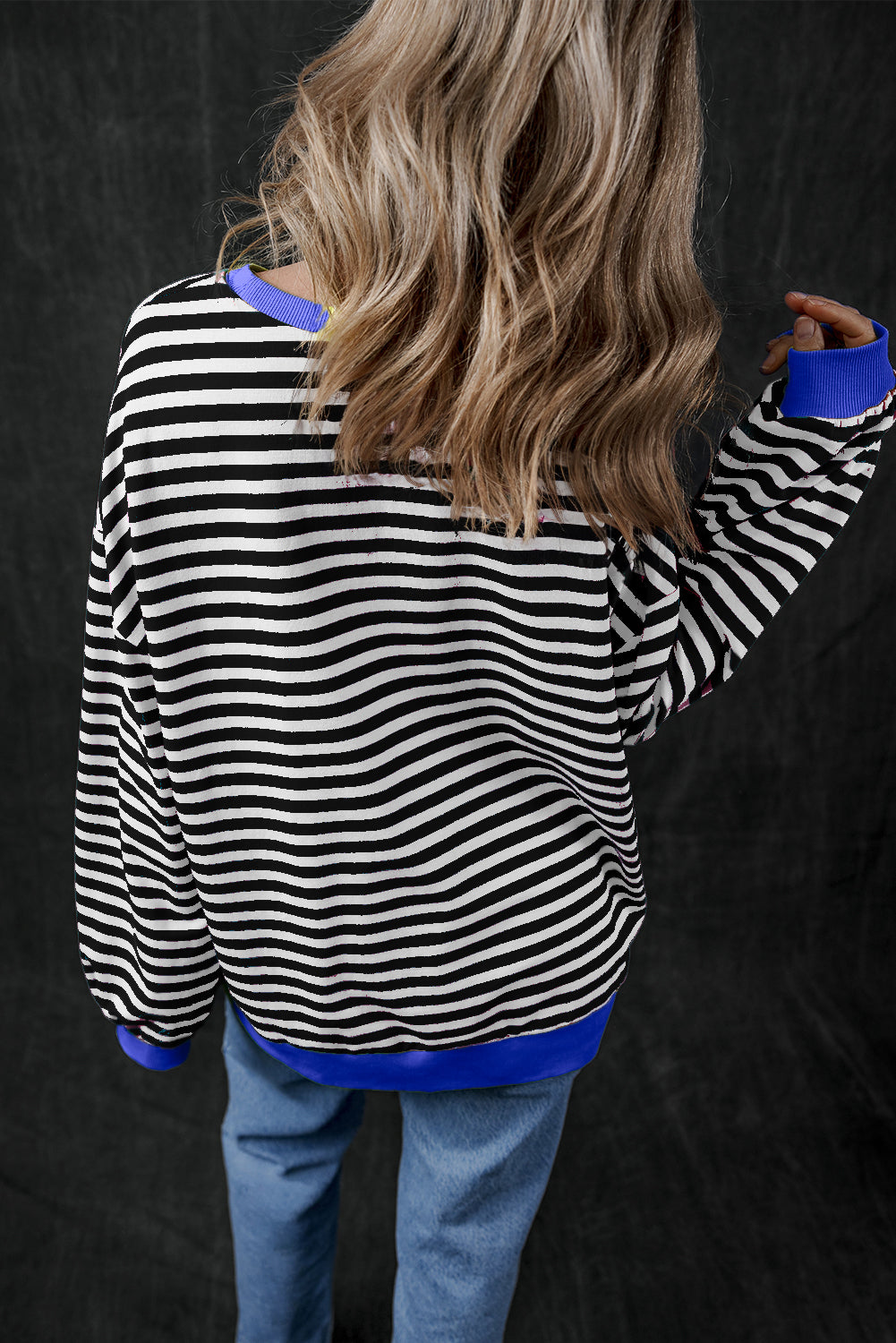 Black Stripe Contrast Edge Cross Seam Oversized Sweatshirt