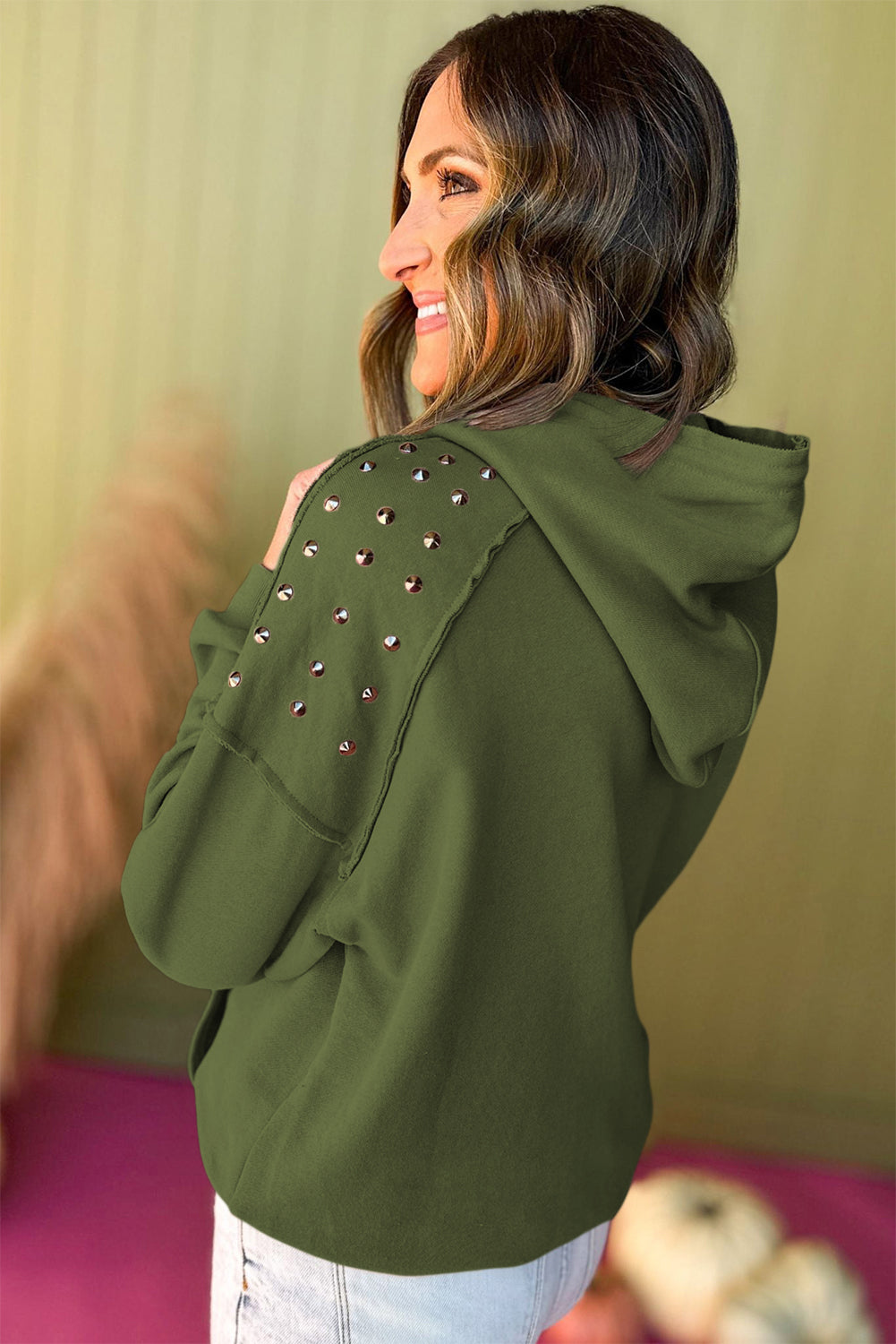 Fushia Stud Detail Kangaroo Pocket Hoodie