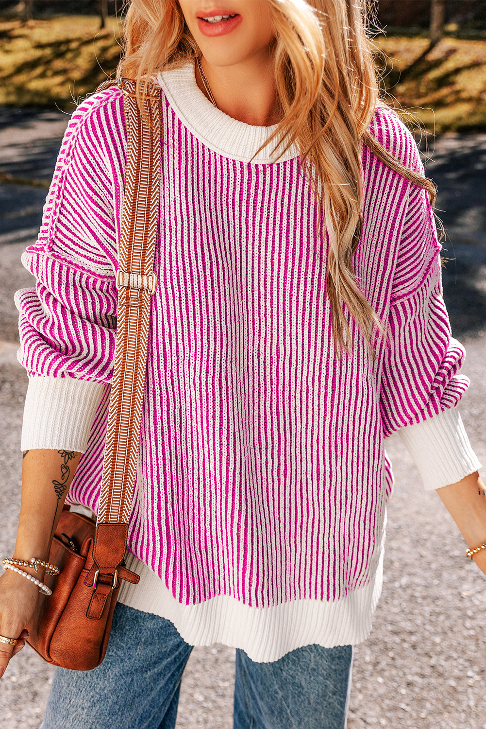 Bright Pink Striped Contrast Trim Loose Sweater