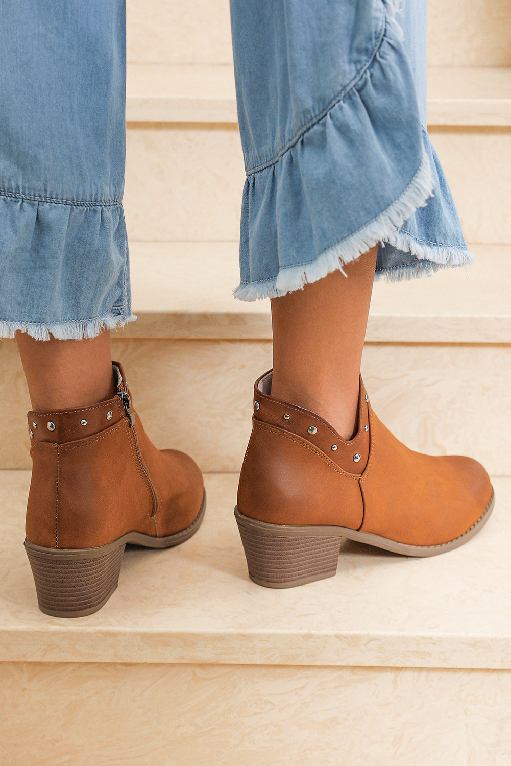 Chestnut Studded Faux Leather Chunky Heel Ankle Boots