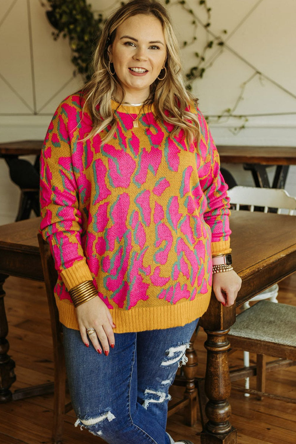 Bright Pink Plus Size Leopard Ribbed Trim Sweater