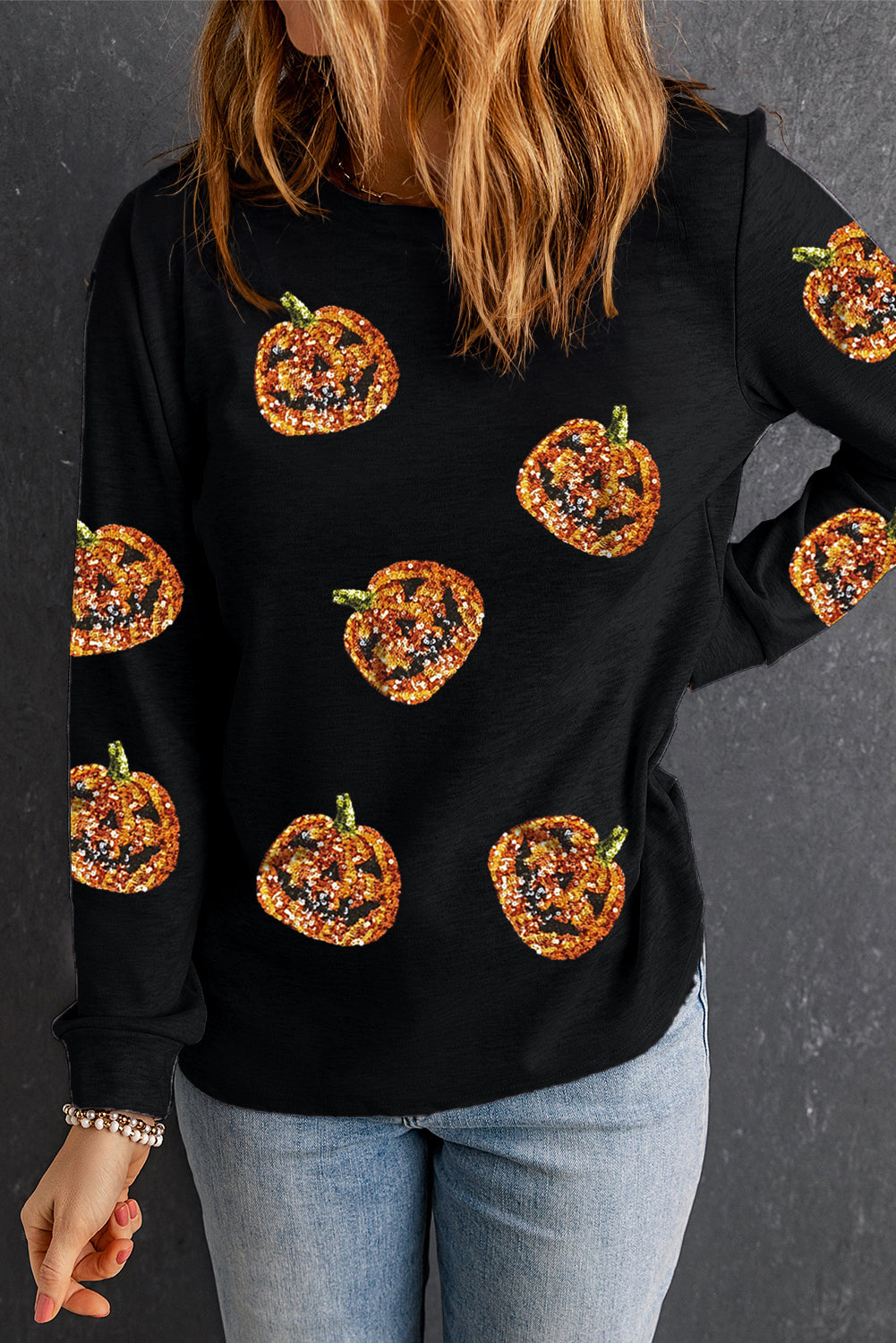 Black Halloween Sequin Pumpkin Face Graphic Top