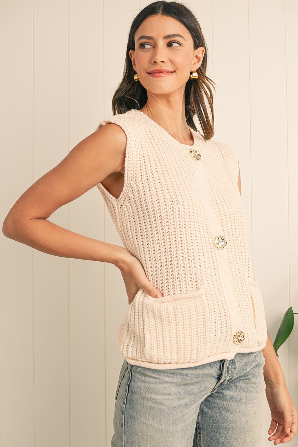 White Solid Textured Knit Side Pockets Buttoned Sweater Vest