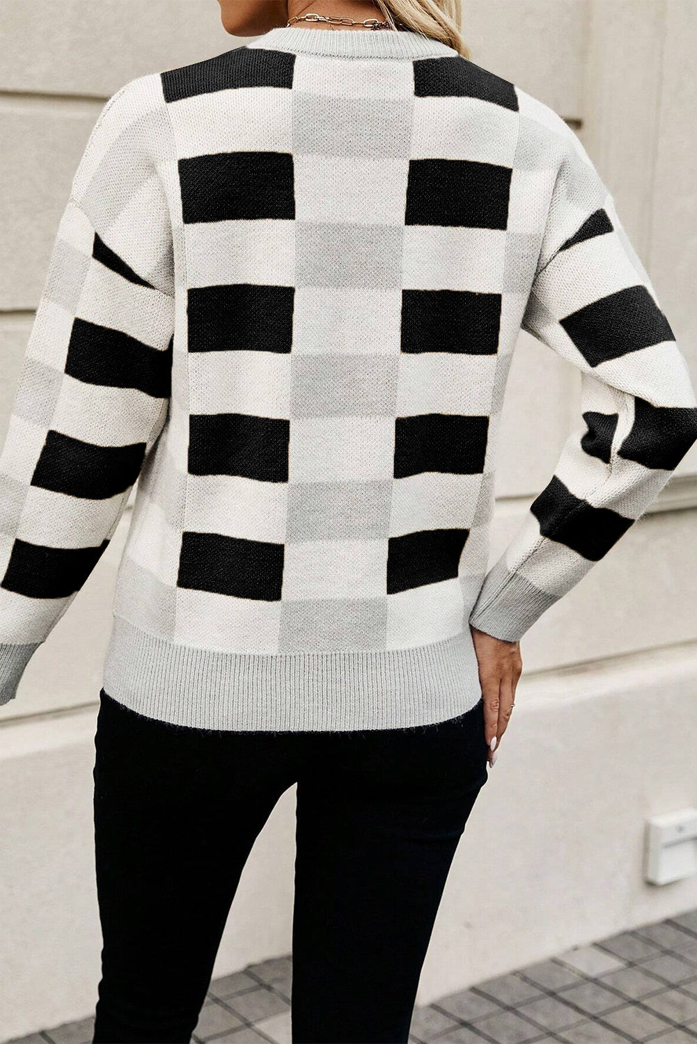 Pink Checkered Crew Neck Drop Shoulder Knit Sweater