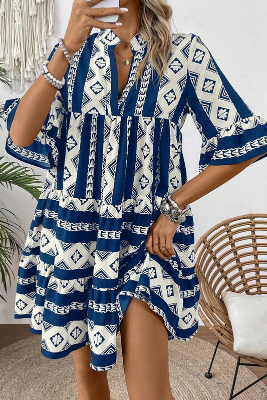 Blue Abstract Print Bell Sleeve V Neck Boho Tiered Dress