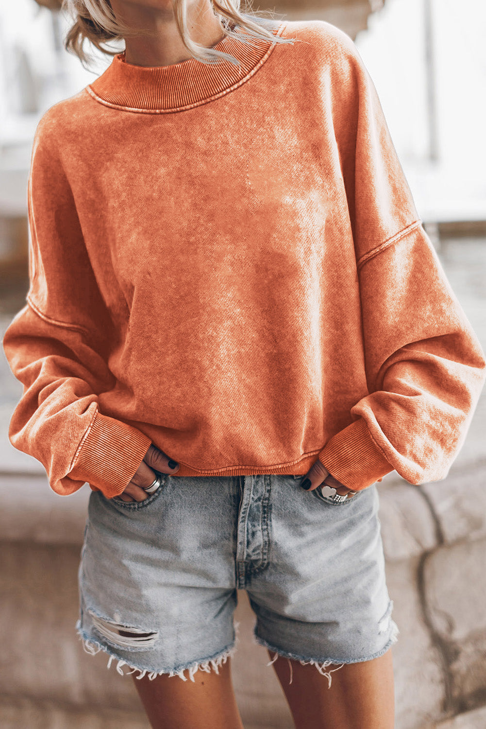 Orange Washed Drop Shoulder Crewneck Pullover Sweatshirt