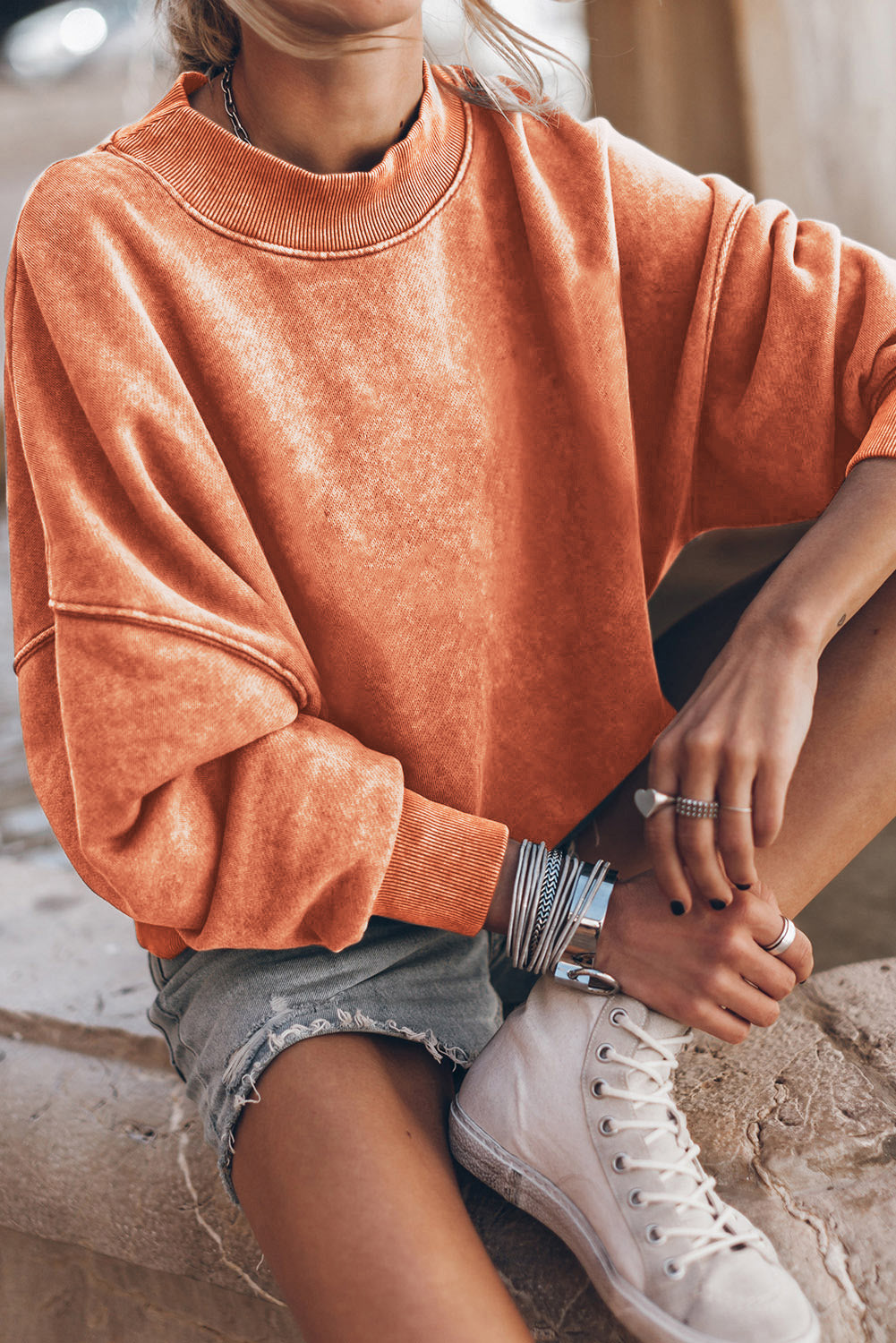 Orange Washed Drop Shoulder Crewneck Pullover Sweatshirt