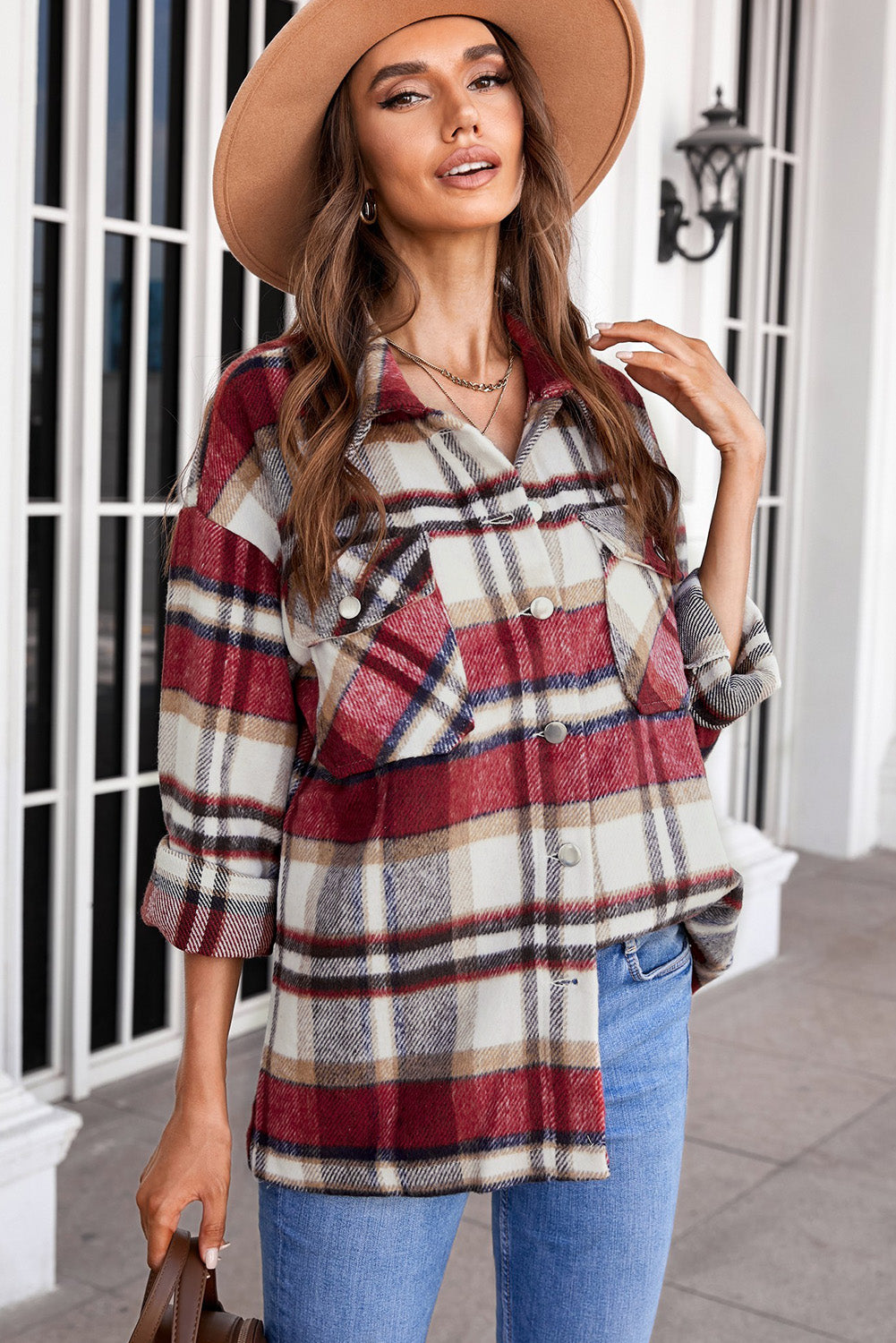 Brown Plaid Button Up Long Sleeve Flannel Shacket