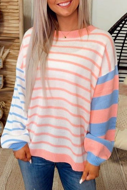 Pale Chestnut Striped Colorblock Pullover Sweater