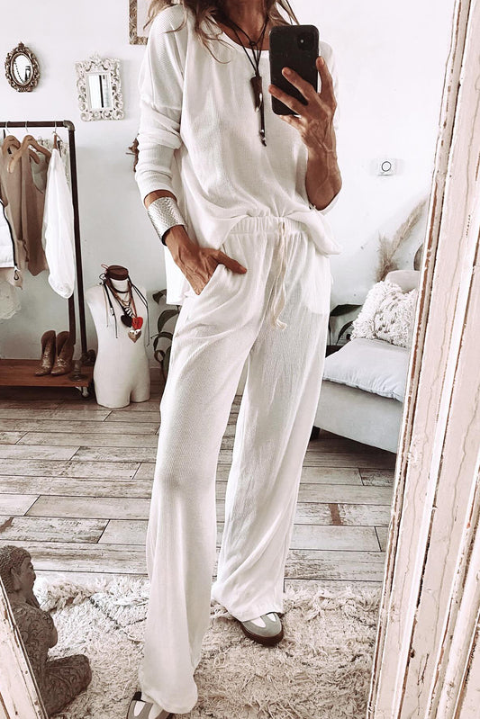 White Textured Long Sleeve T Shirt and Pants Lounge Set