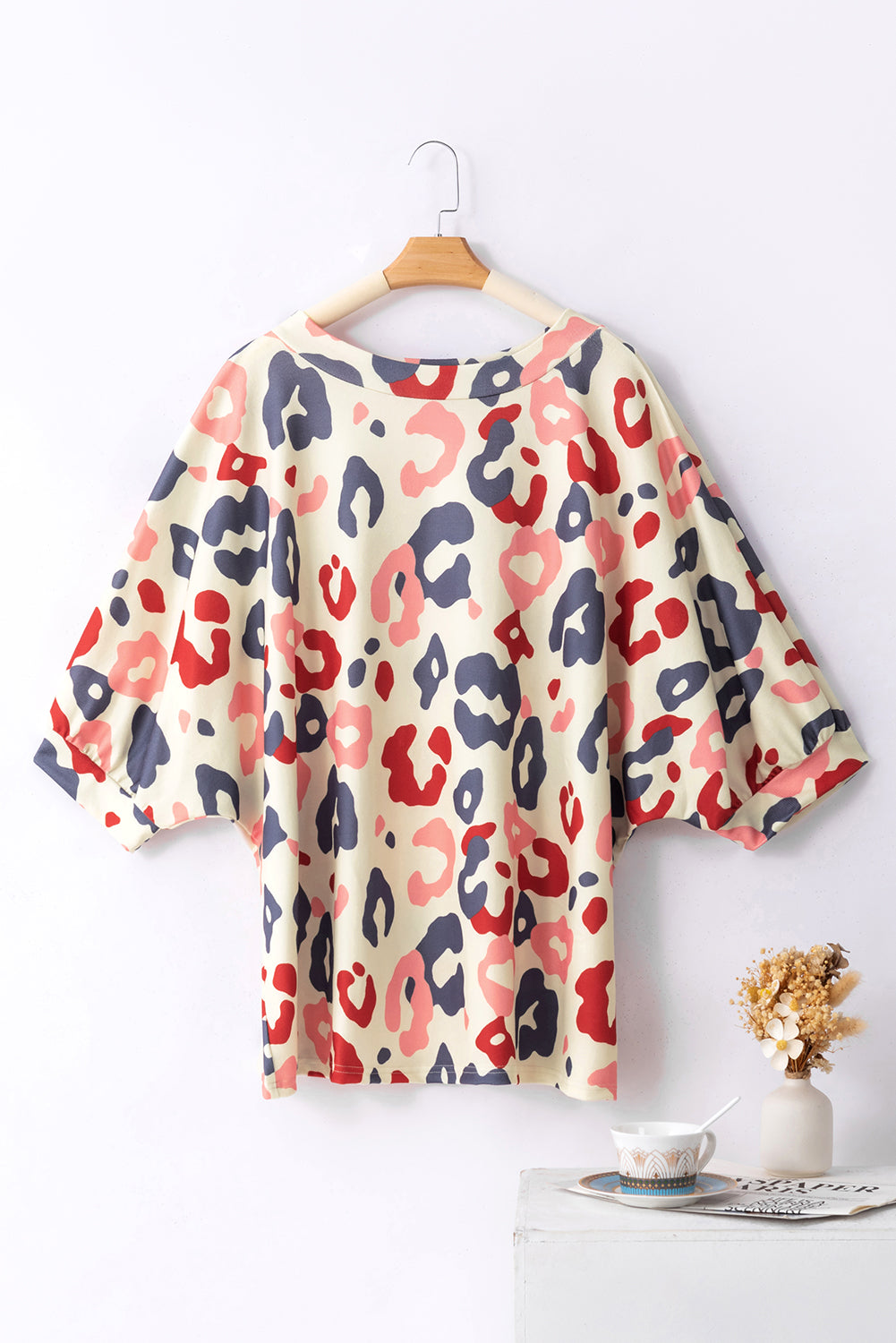 White Plus Size Colorful Leopard Print Batwing Sleeve Top