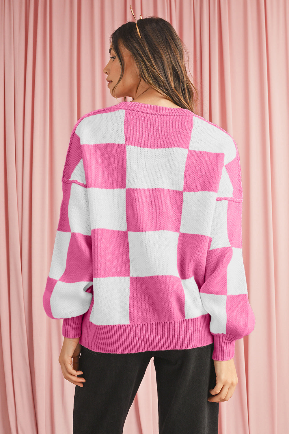 Green Checkered Bishop Sleeve Pullover Sweater