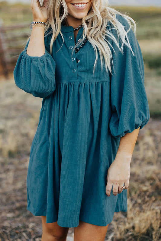 Light Blue Snap Button Empire Waist Lantern Sleeve Corduroy Dress