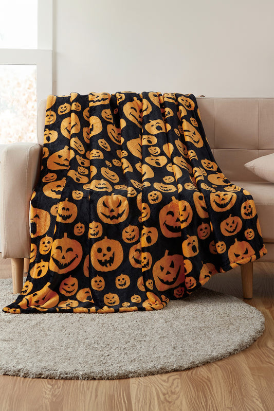 Black Halloween Pumpkin Face Print Fleece Blanket 130*150cm