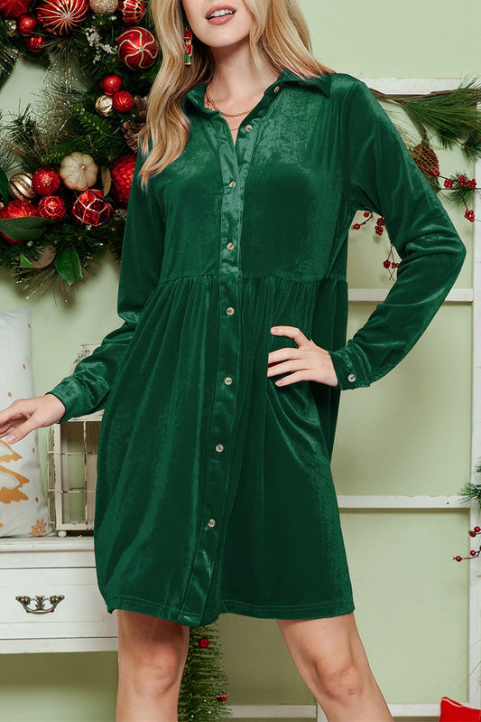 Green Long Sleeve Ruffle Velvet Button Up Shirt Dress