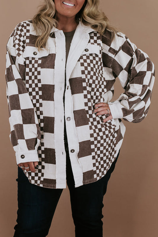 Brown Checkered Print Corduroy Plus Size Shacket