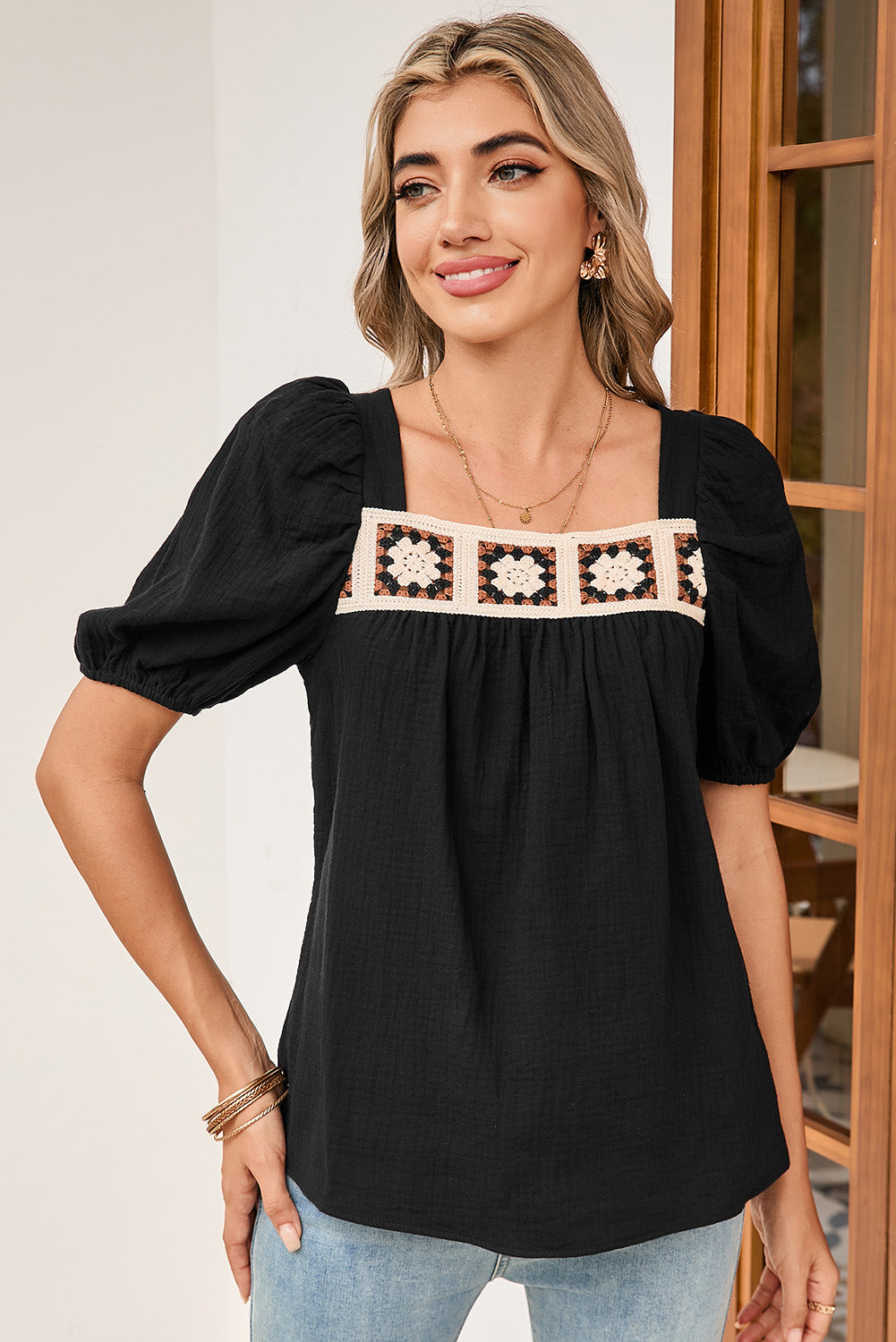 Black Crochet Square Neck Crinkled Blouse