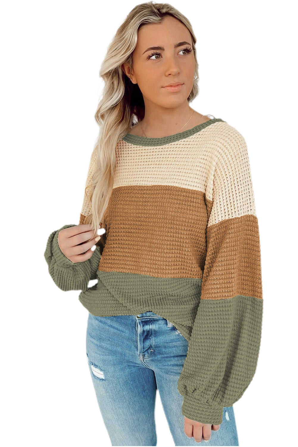 Green Waffle Knit Color Block Drop Sleeve Loose Top