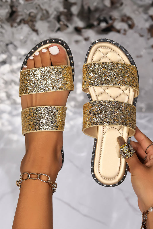 Gold Glittering Hollow Out Dual Straps Flat Slides Shoes