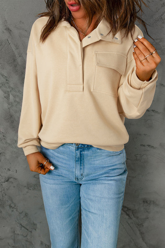 Smoke Gray Plain Half Button Collared Sweatshirt