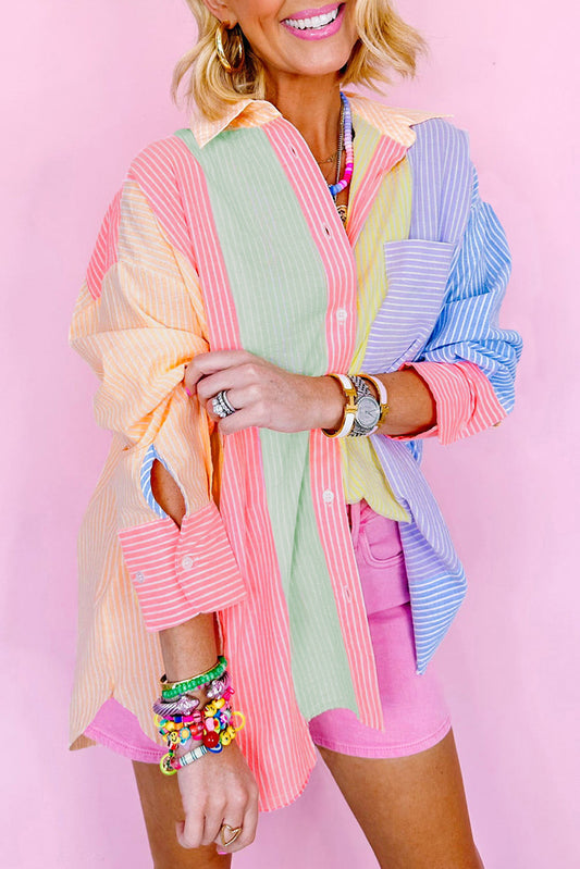 Pink Stripe Color Block Buttoned Oversized Shirt