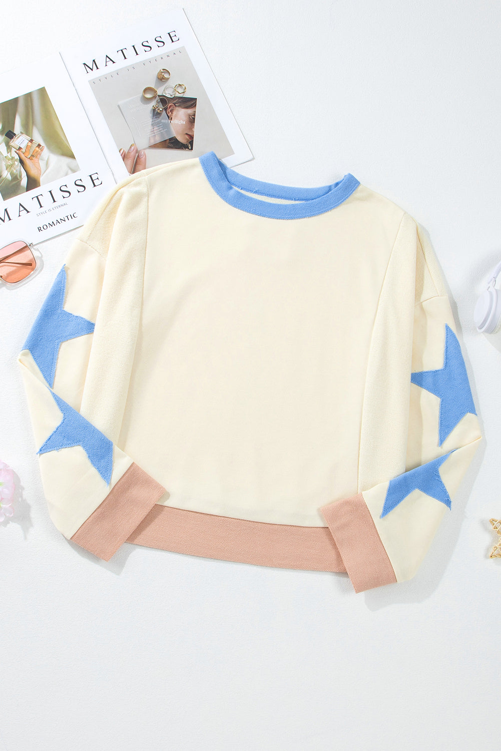 Parchment Star Patchwork Exposed Seam Oversized Sweatshirt