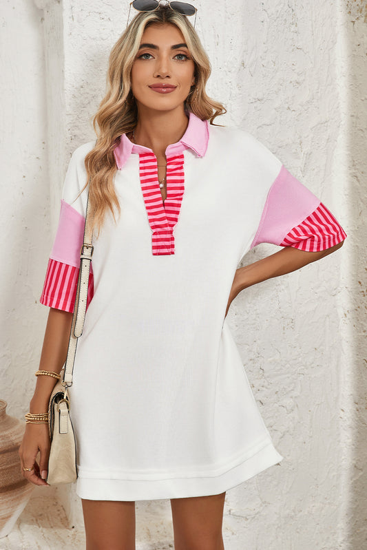 White Stripe Colorblock Sleeve Collared Mini Dress
