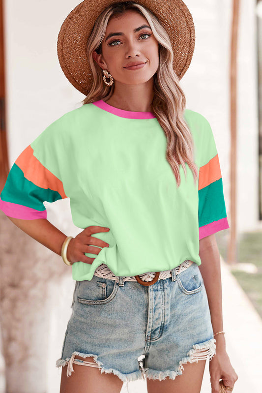 Green Color Block Sleeve Round Neck Oversize Top