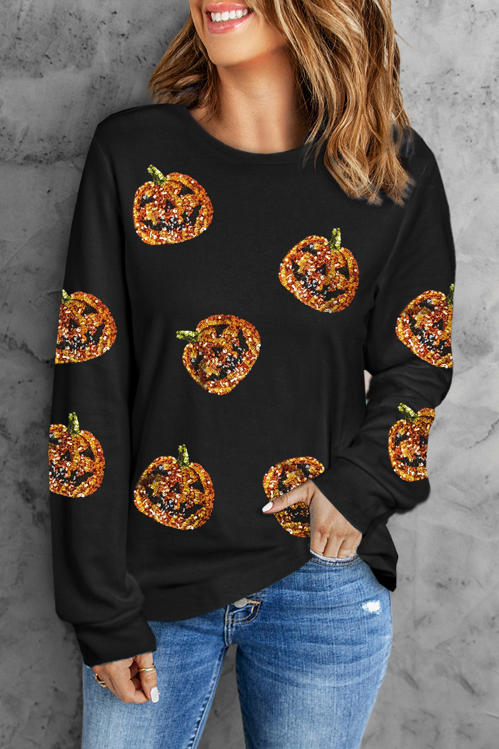 Black Halloween Sequin Pumpkin Face Graphic Top