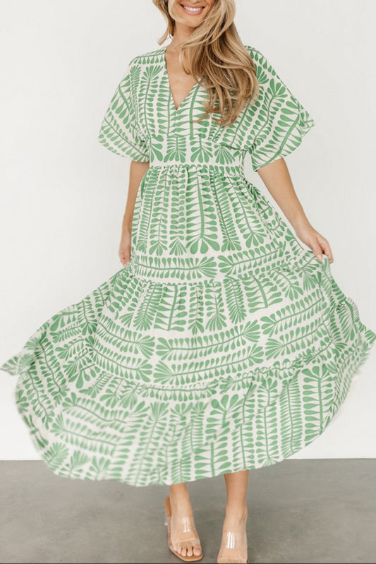 Grass Green Bohemian Leaves Print High Waist Midi Dress