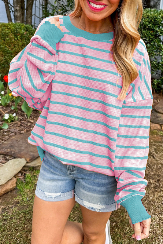 Pink Stripe Round Neck Drop Shoulder Loose Sweater