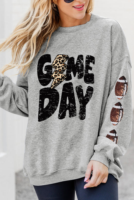 Gray GAME DAY Sequin Rugby Graohic Drop Shoulder Sweatshirt