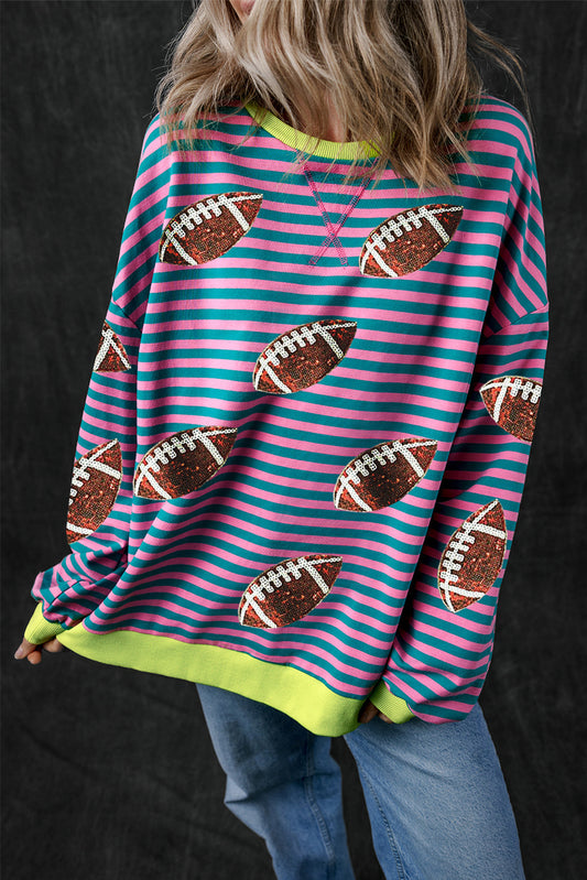 Green Stripe Game Day Sequin Rugby Graphic Colorblock Edge Sweatshirt