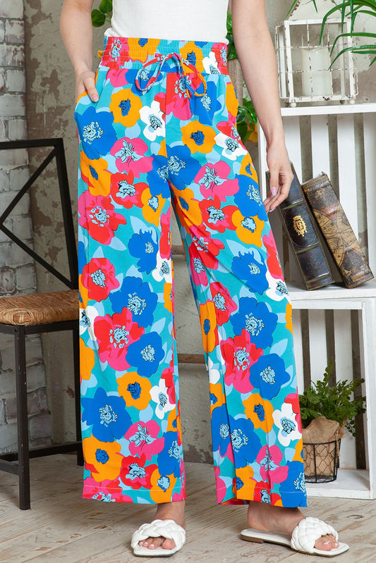 Multicolor Floral Abstract Print Drawstring Wide Waistband Pants