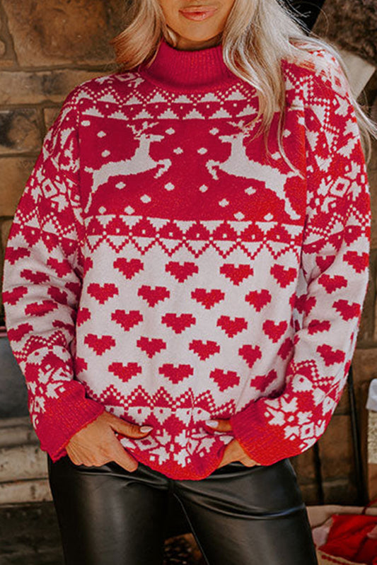 Fiery Red Christmas Reindeer Heart Pattern High Neck Sweater