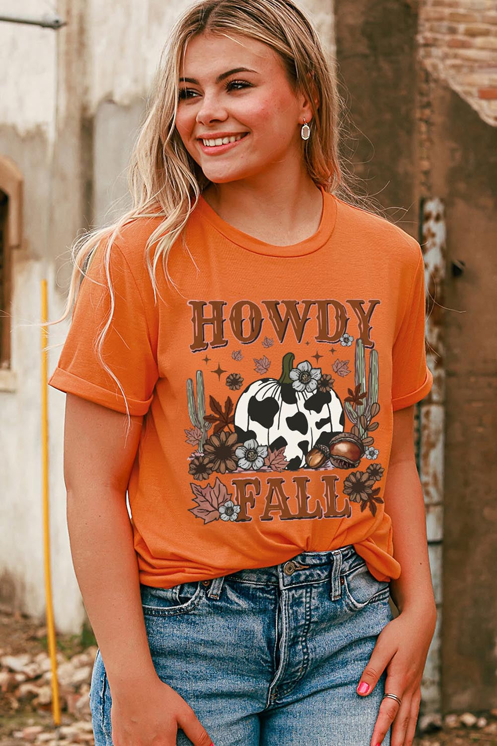 Orange HOWDY FALL Pumpkin Print Crewneck Graphic T Shirt